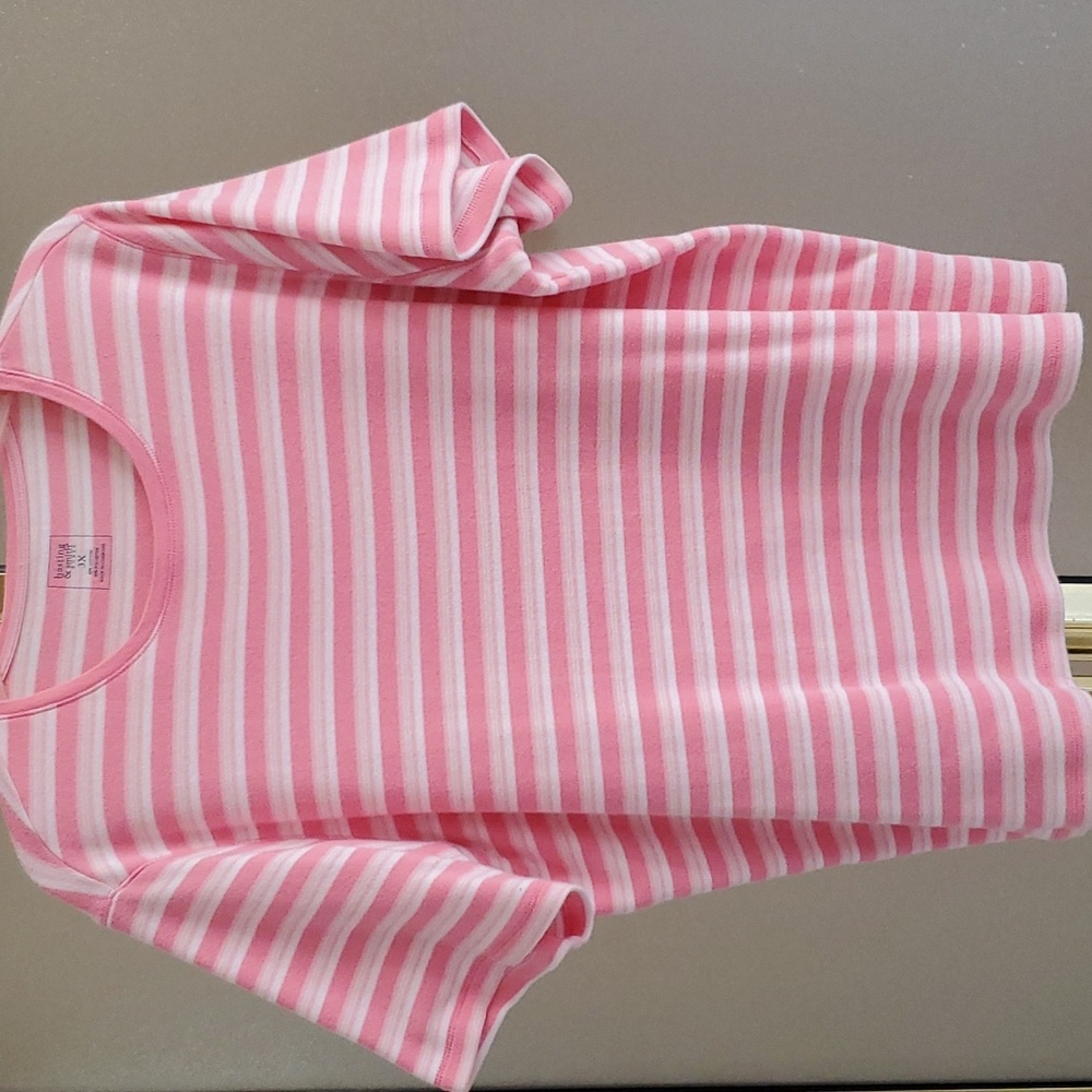 Pink and white striped top. Cotton and polyester.